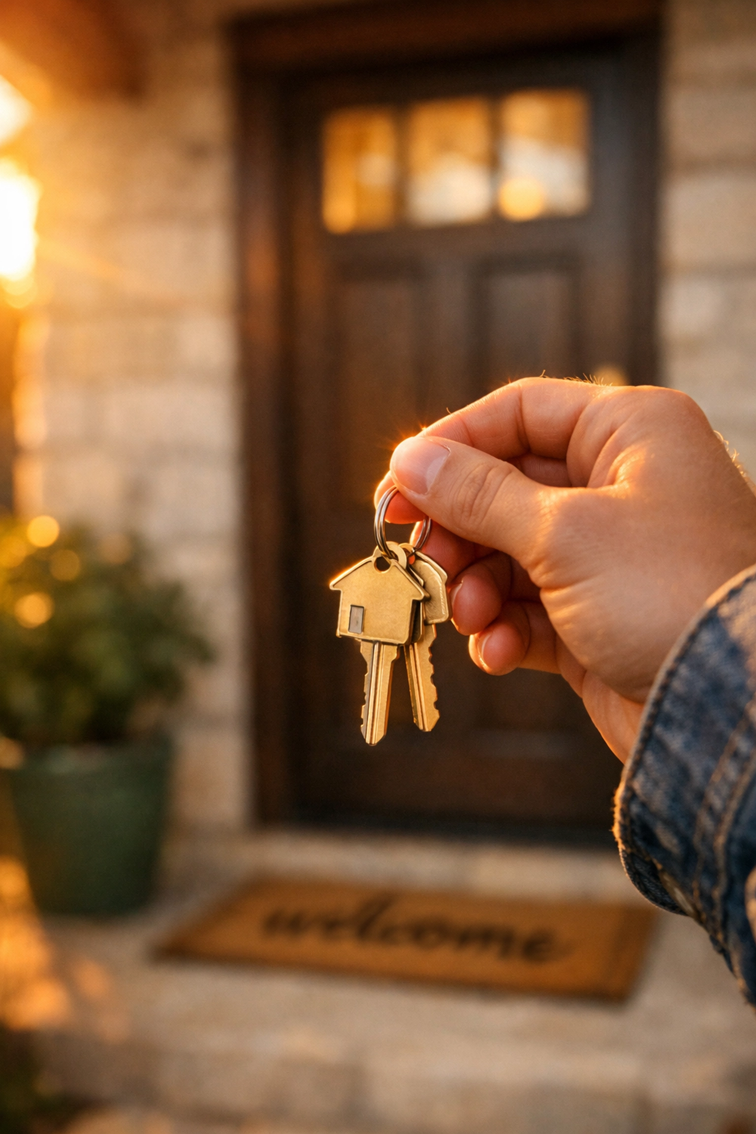 A first-time buyer holding keys to their new Texas home after closing.