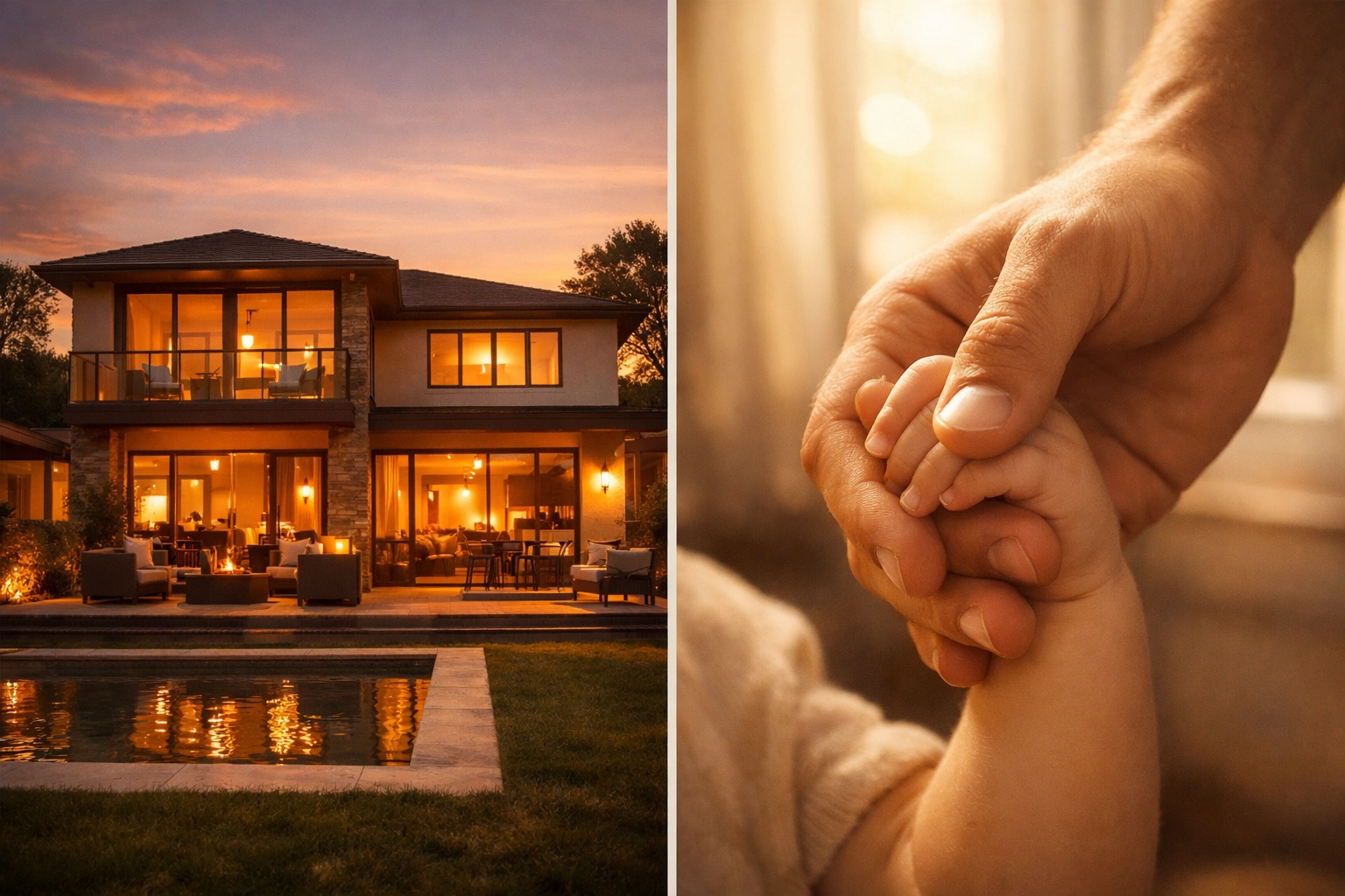 Father holding child's hand with family home symbolizing life insurance protection and security