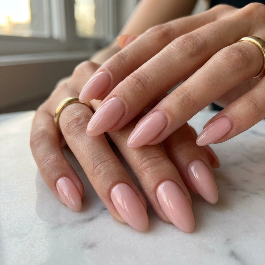 Luxurious close-up of hands with soft pink Japanese gel manicure and high-gloss finish, Norwood MA nail art.