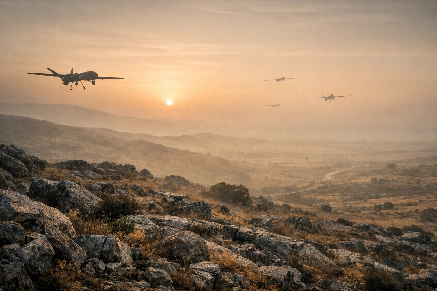 Drones silhouetted against a sunrise over the rocky Golan Heights, illustrating current Middle East military tensions.