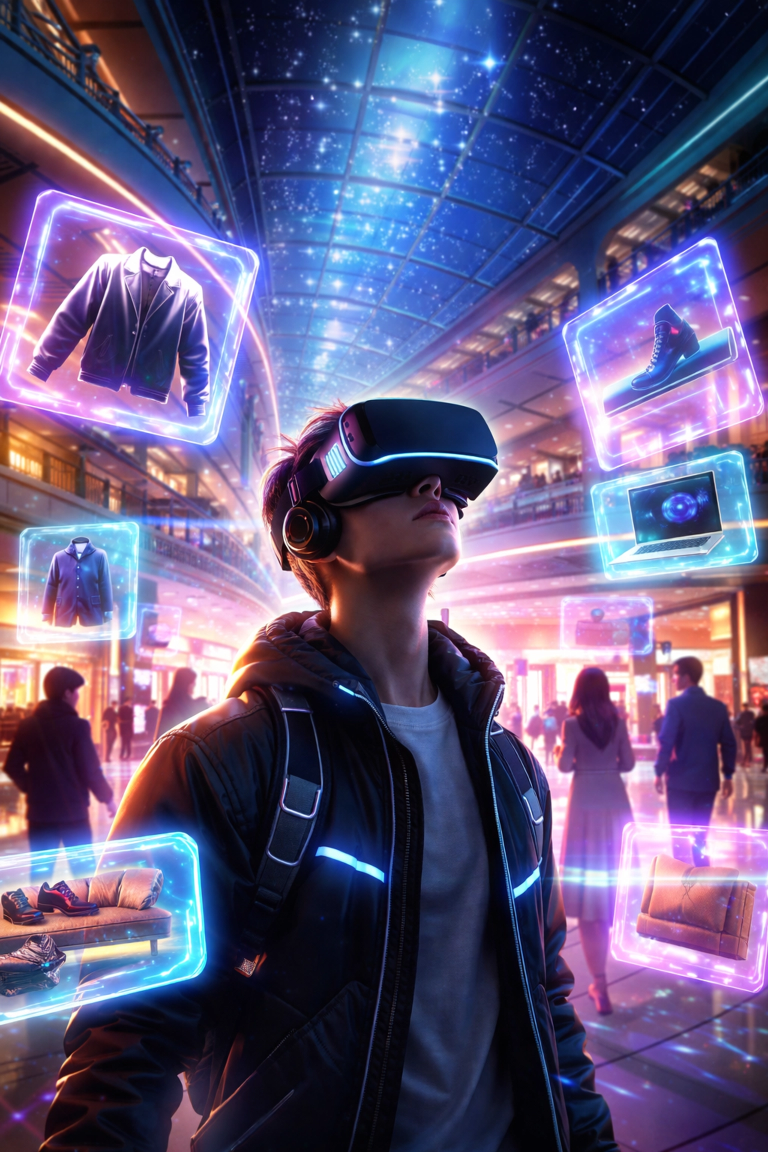 Shopper in virtual reality mall browsing holographic products, illustrating metaverse shopping with social interaction and crypto payments