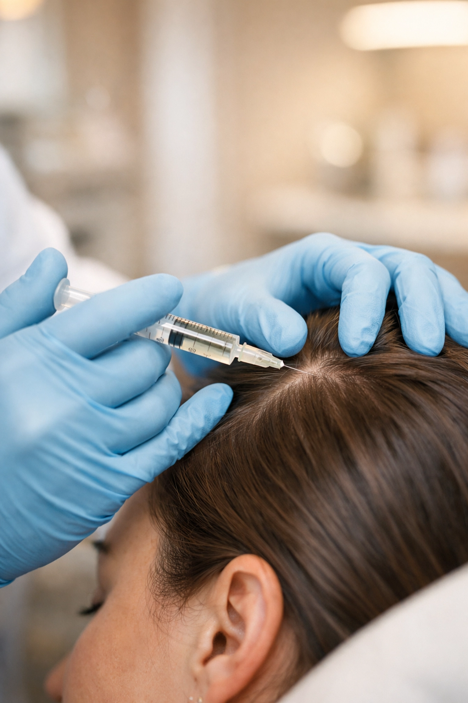 Medical professional administering clinical scalp treatment for hair restoration