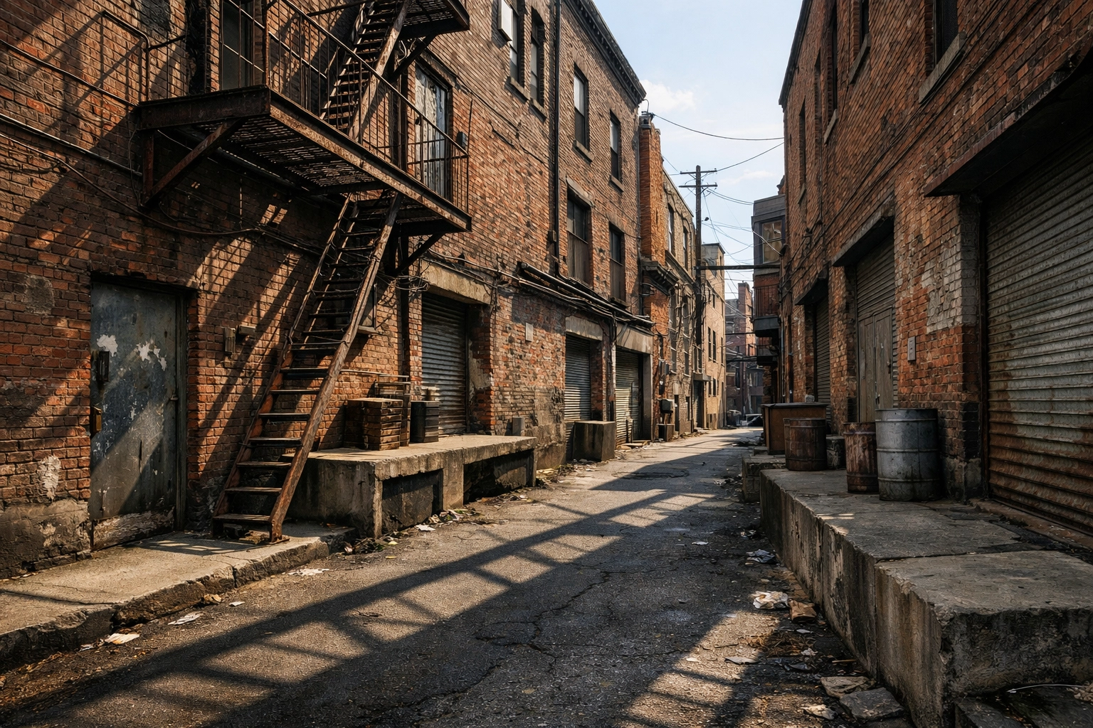 Gritty urban alleyway with red bricks and dramatic shadows, a hidden photo spot for industrial architecture.
