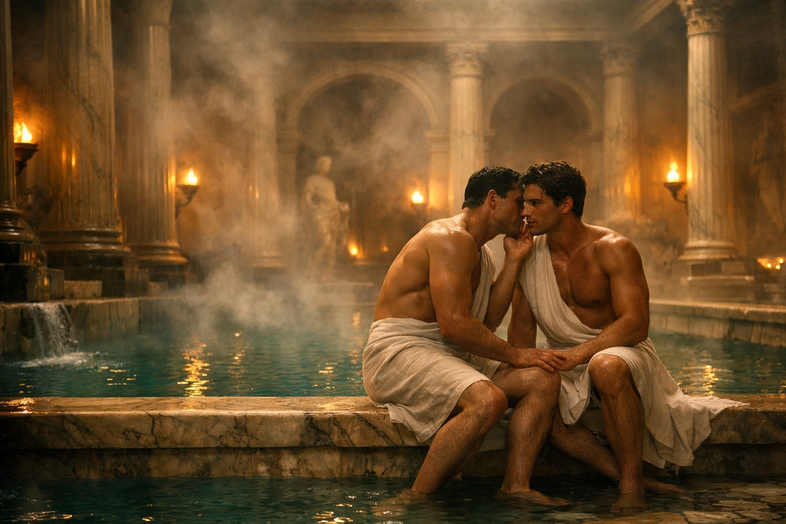 Two men talking in a grand Roman-style bathhouse, illustrating the long history of queer spaces and gay saunas.
