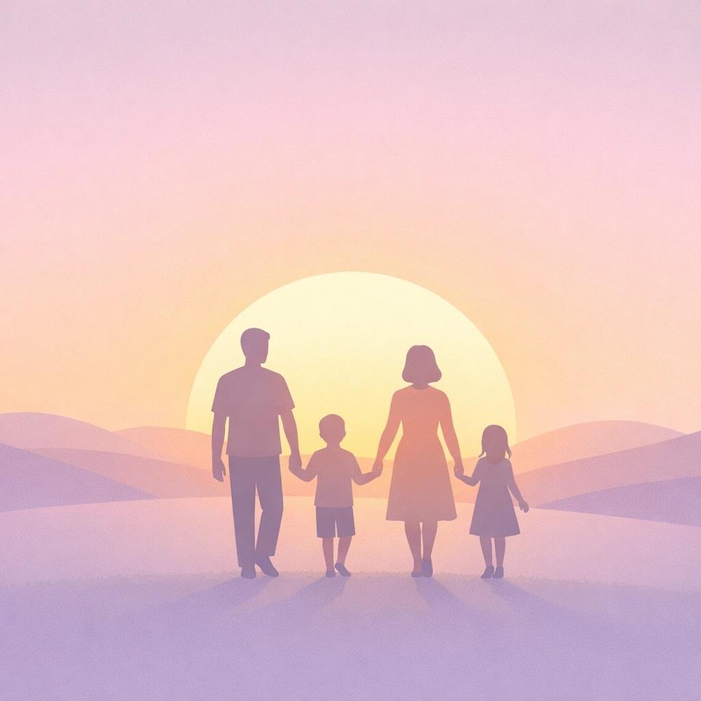 Family silhouette walking toward a sunset, symbolizing financial security and peace of mind.