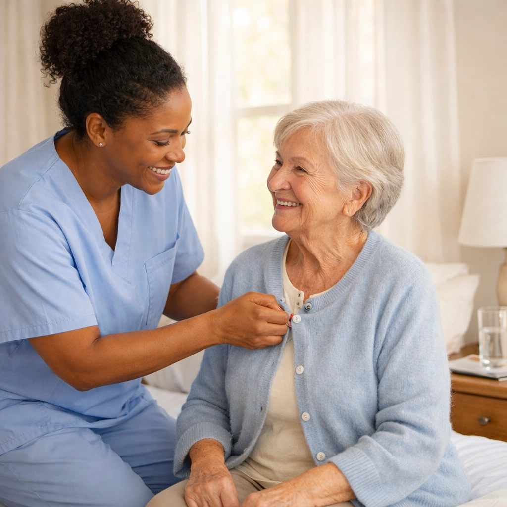 Caregiver helping senior woman with dressing - personal care assistance at home