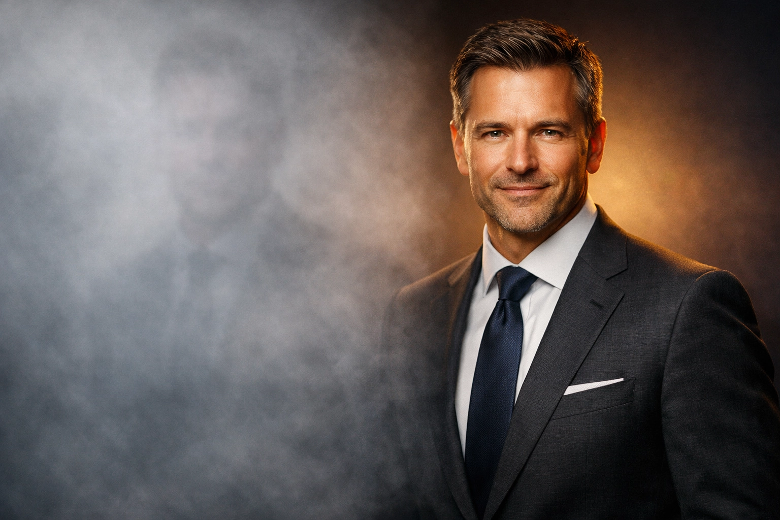 Transformation from a blurry LinkedIn 'Grey Ghost' to a sharp, professional executive headshot showing confidence.