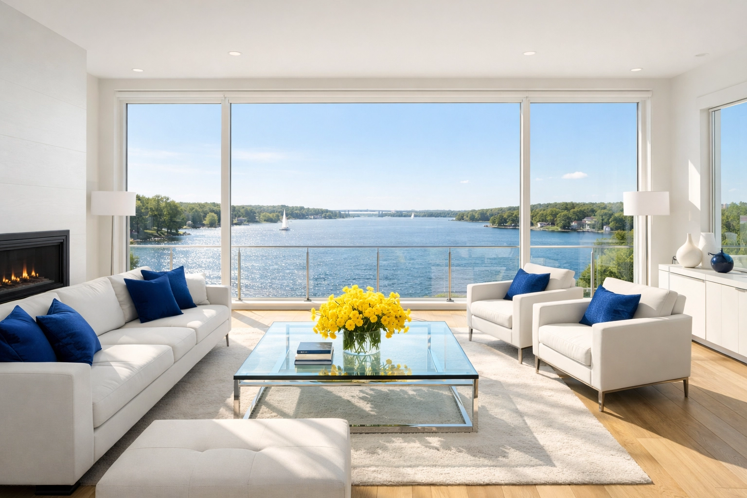 Luxury Shrewsbury living room with views of Lake Quinsigamond showing eco-friendly cleaning results.
