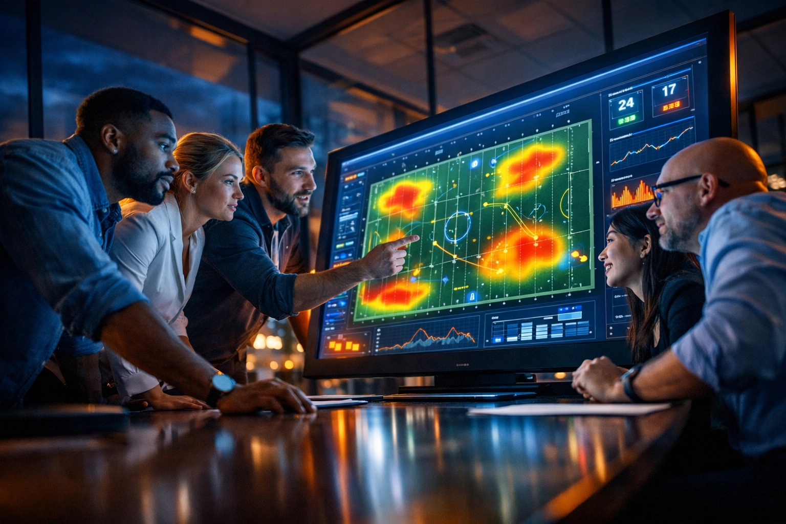 A diverse marketing team planning a Super Bowl 2026 digital branding campaign.