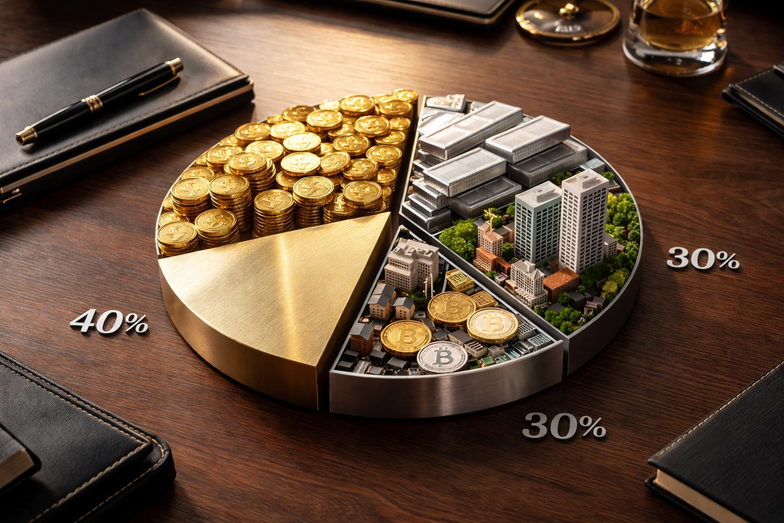Investor's desk with a segmented pie chart for equities, bonds, and alternative assets in a diversified portfolio.