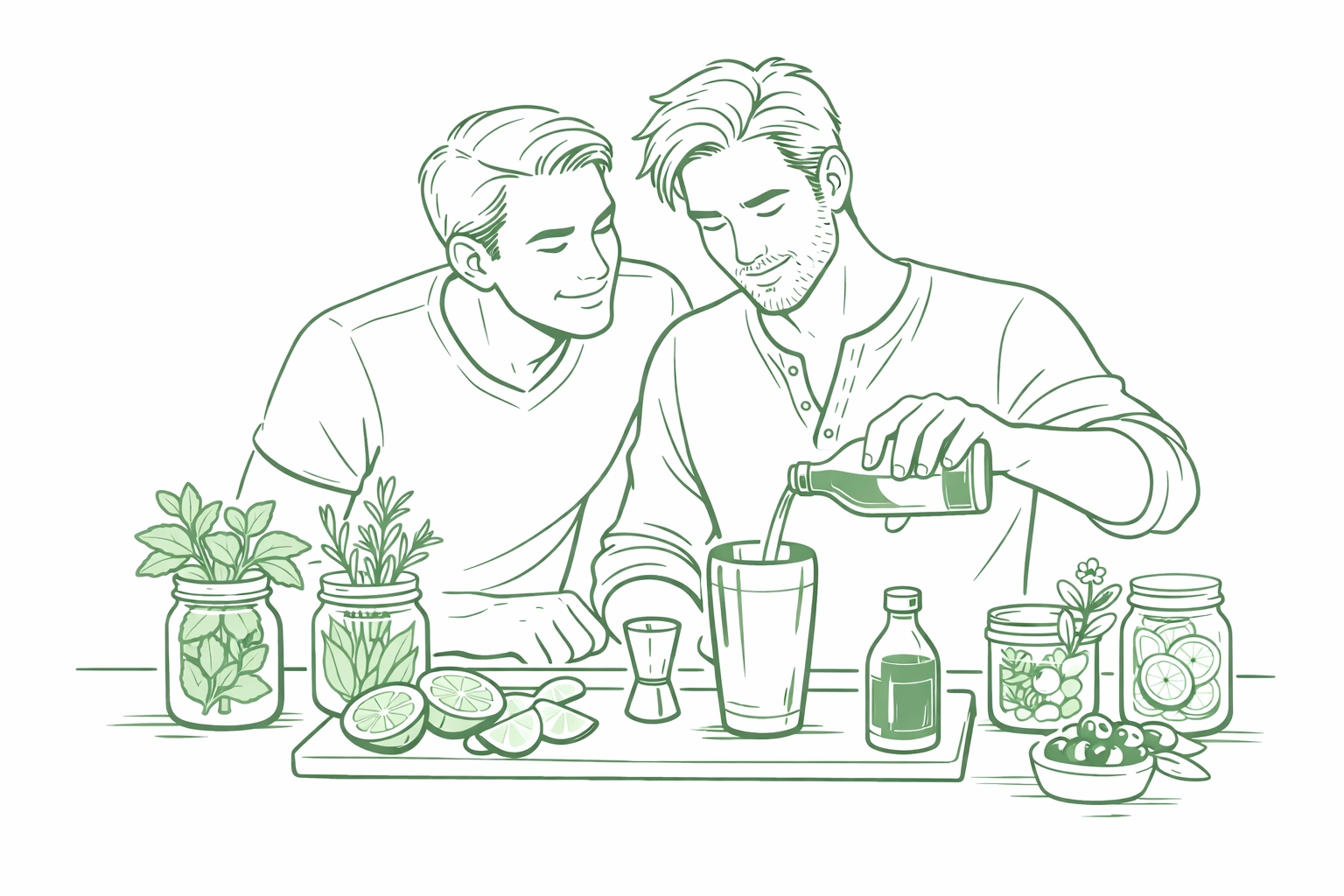 MM couple making craft botanical cocktails at modern home bar