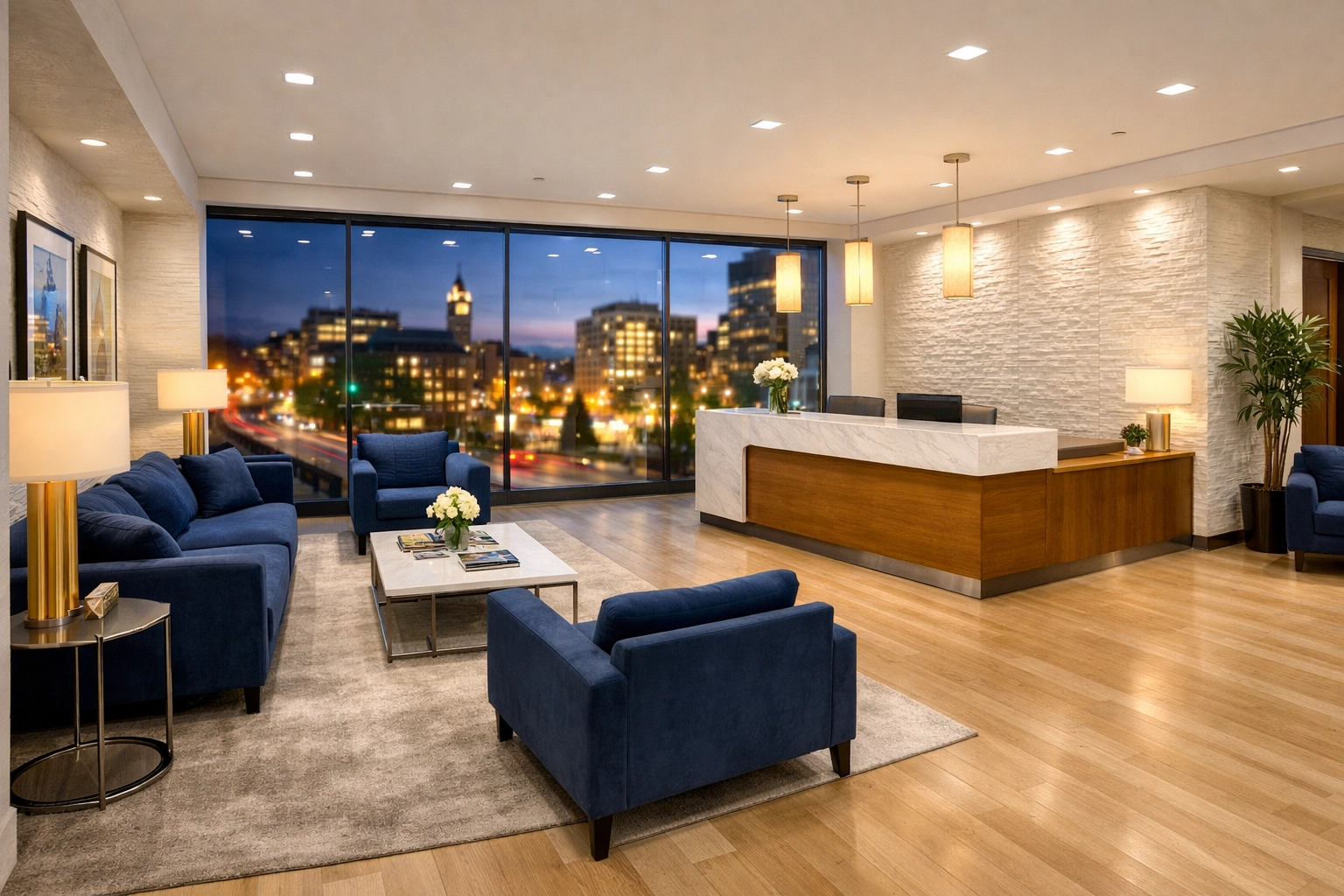 Spotless executive reception area in downtown Worcester showing the impact of high-quality professional office cleaning.