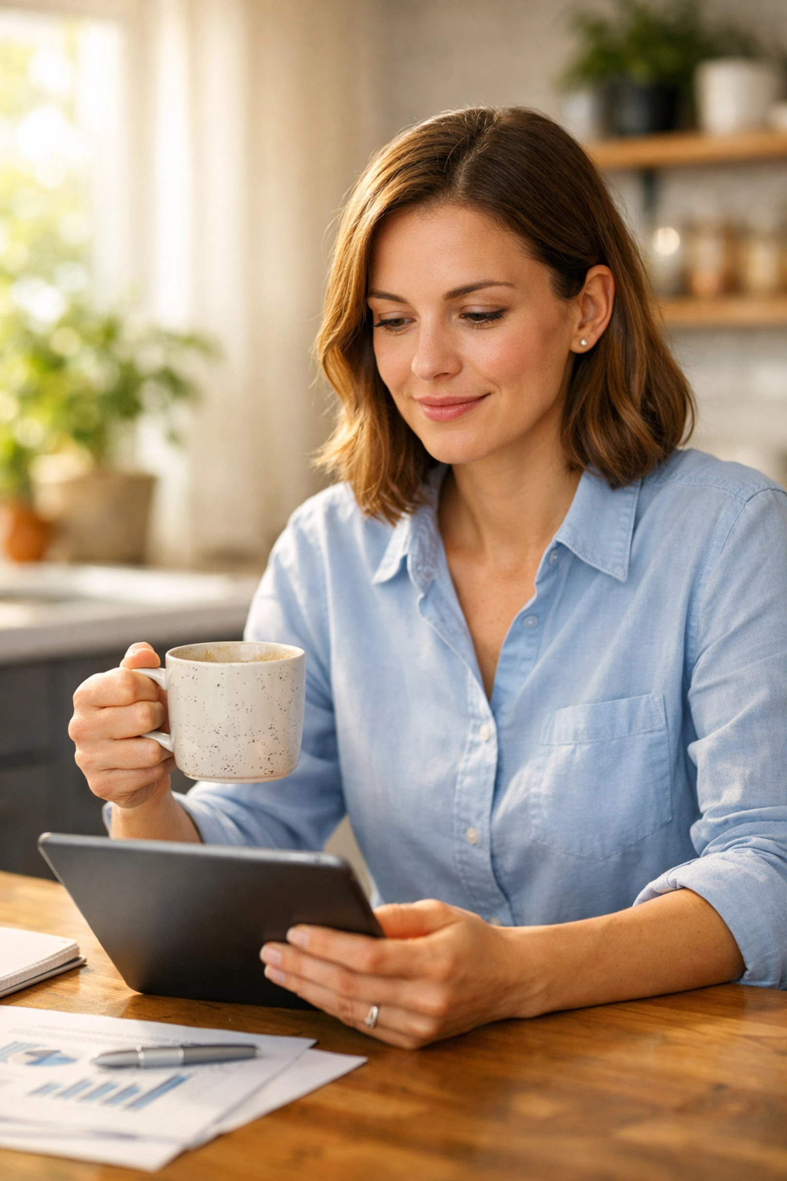 A woman reviewing loan borrowing limits on a tablet in a sunny kitchen for Alberta payday loans.