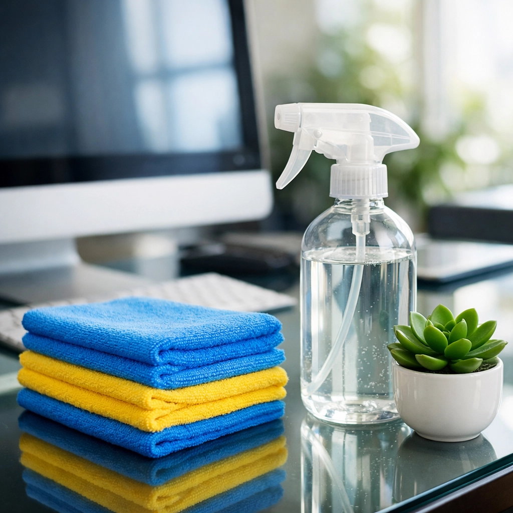 Eco-friendly commercial cleaning supplies on a pristine modern office desk in Ludlow.