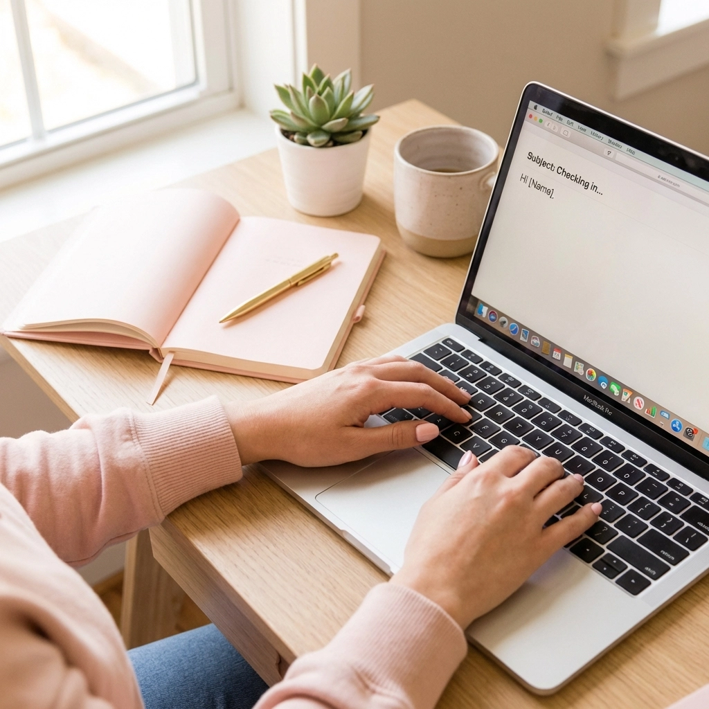 Hands typing on a laptop in a bright office, illustrating crafting concise and effective follow-up emails.