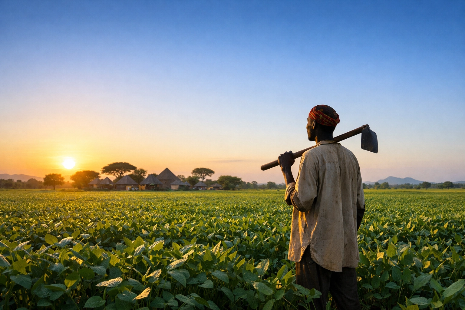 A South Sudanese farmer in a lush green field, representing the hope of peaceful rural life.