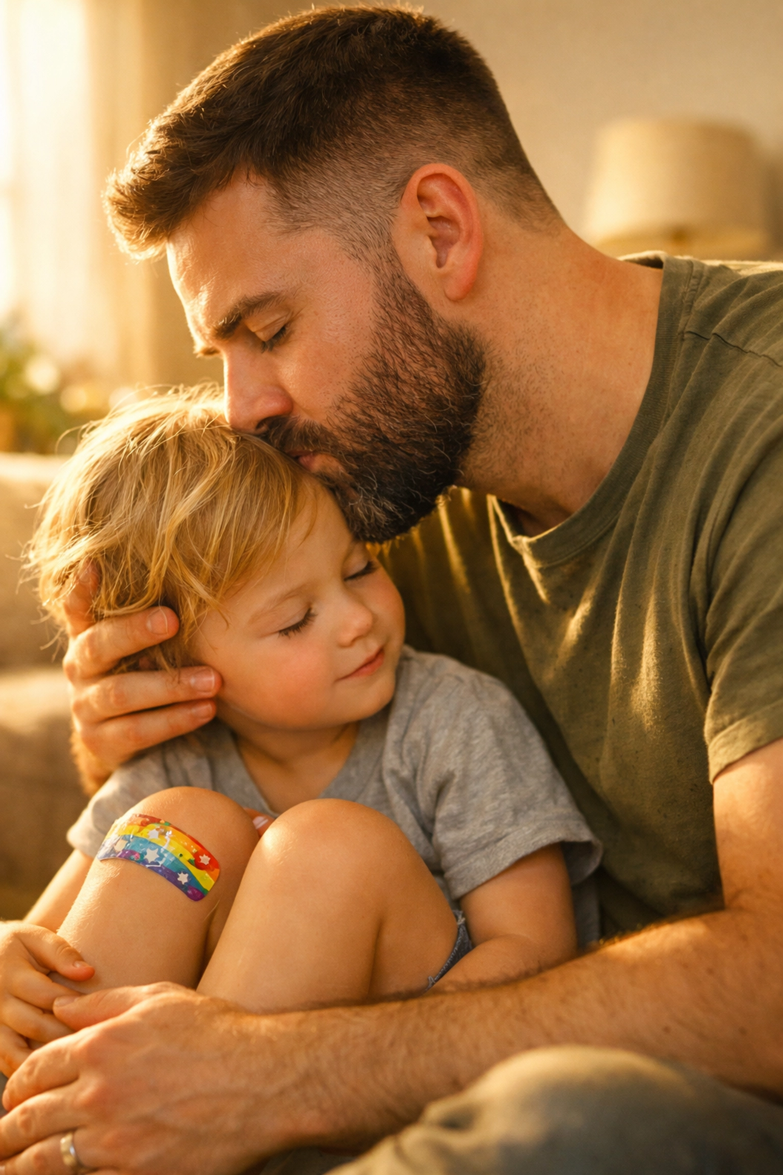 Nurturing gay dad comforting his child at home, illustrating inclusive parenting roles.
