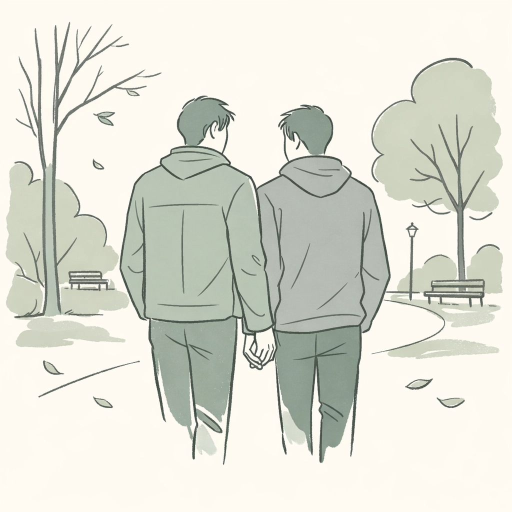 Two men walking together in a park, illustrating the raw emotion and discovery in contemporary gay fiction.