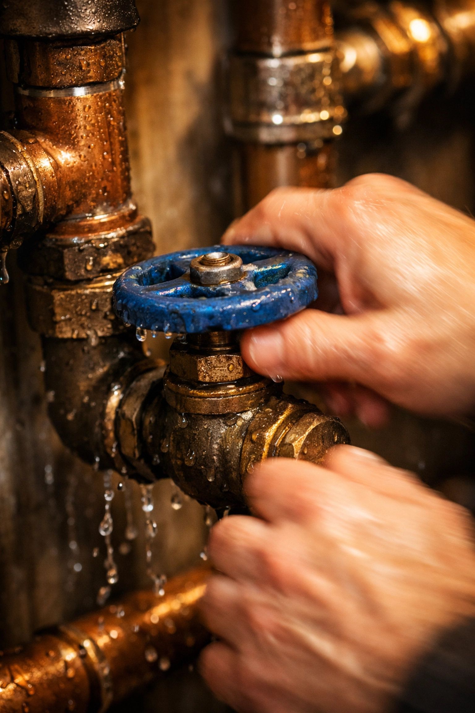 Homeowner turning off main water shutoff valve to stop flooding during emergency water removal
