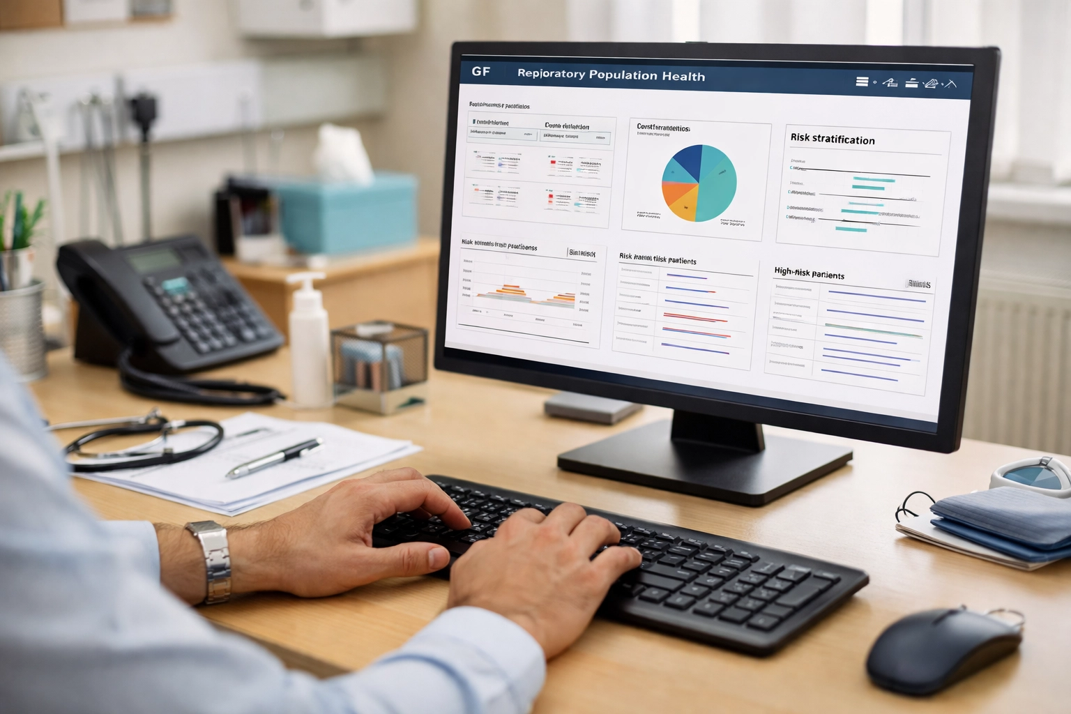 GP desk showing respiratory population health dashboard on computer screen