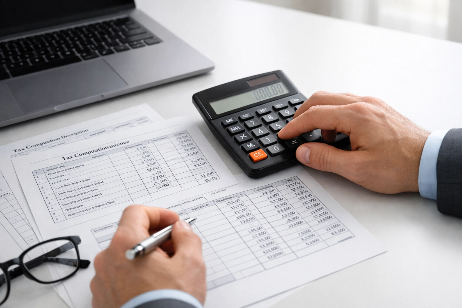 Tax professional calculating credits using worksheets and calculator for IRS compliance