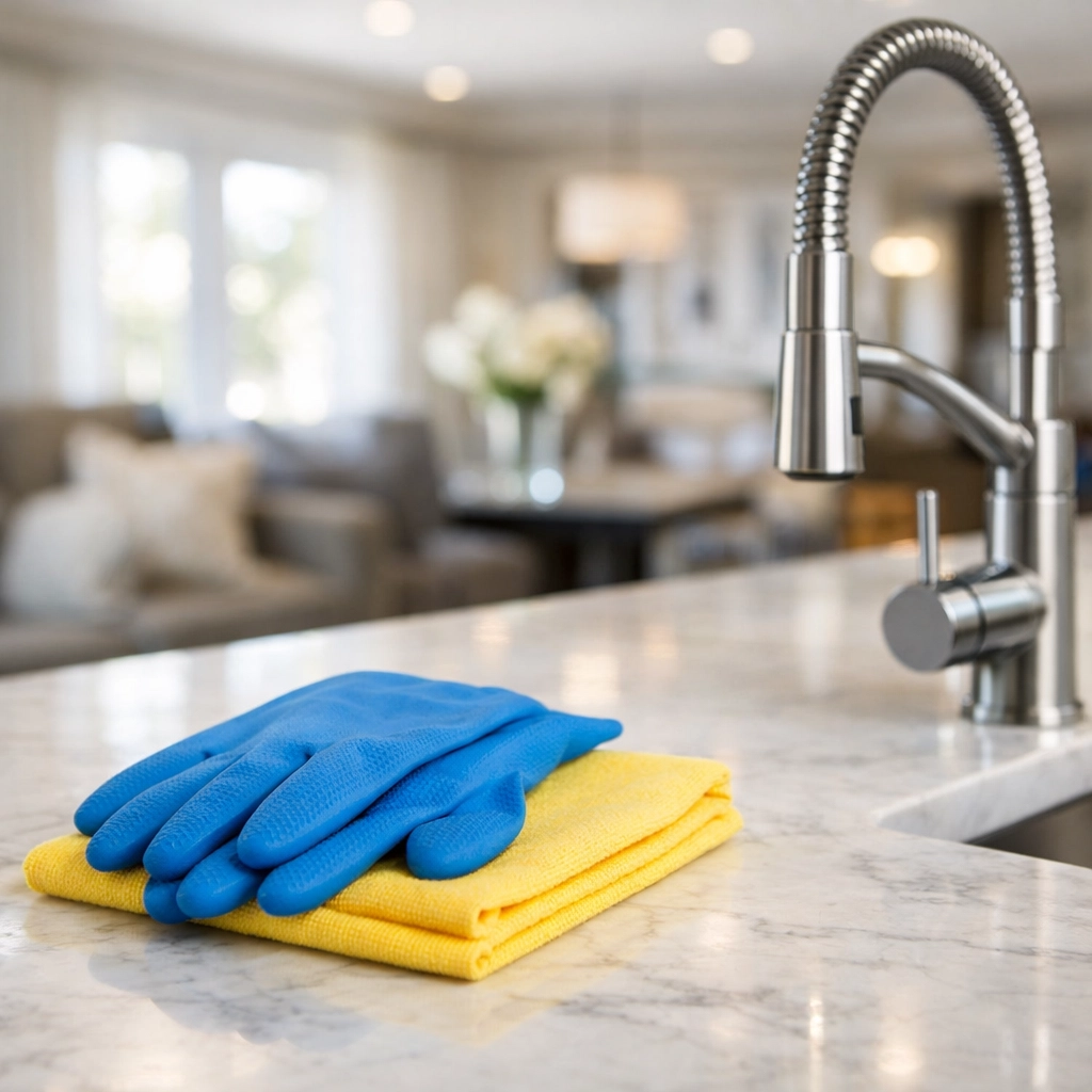 Professional house cleaning in Tewksbury shown with blue cleaning gloves on a sun-lit marble countertop.