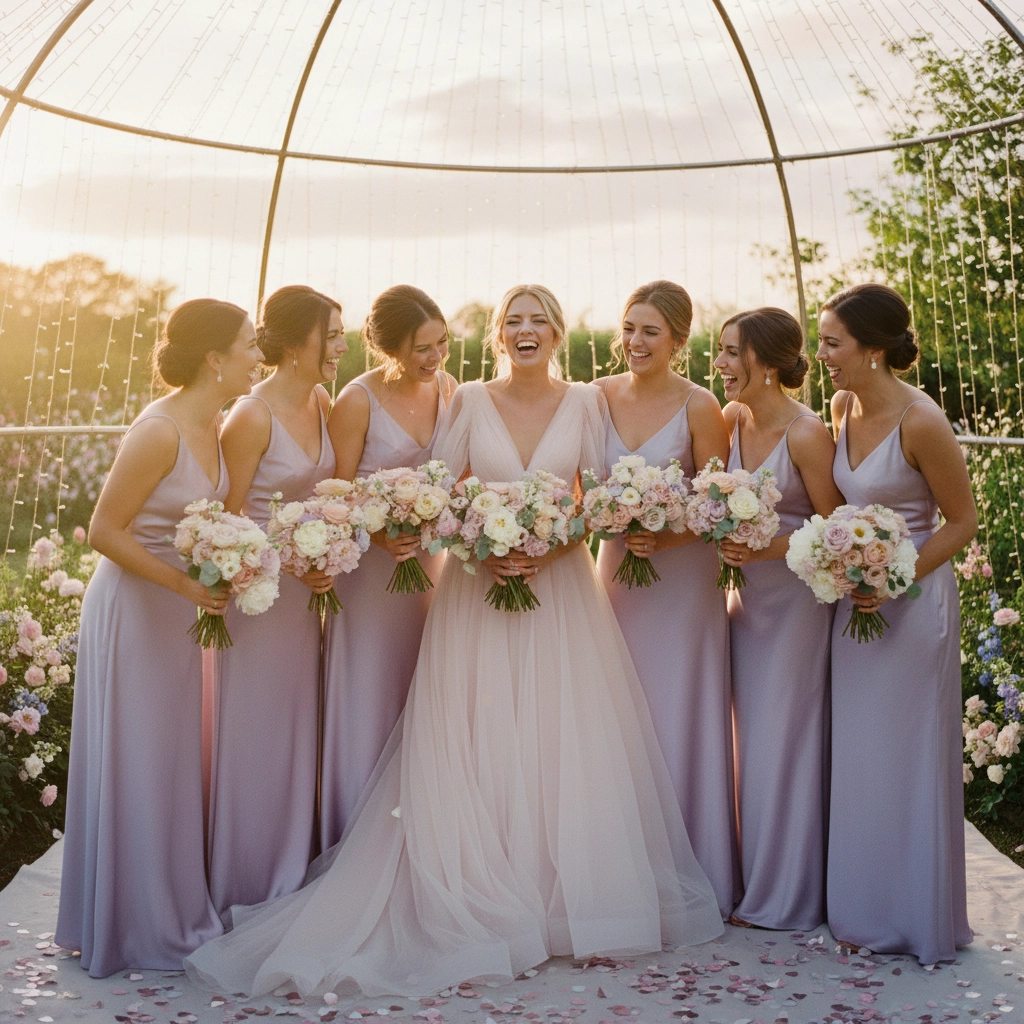 Bride in white gown laughs with six bridesmaids in lavender dresses holding bouquets. Sunlit garden setting creates a joyful, warm mood.