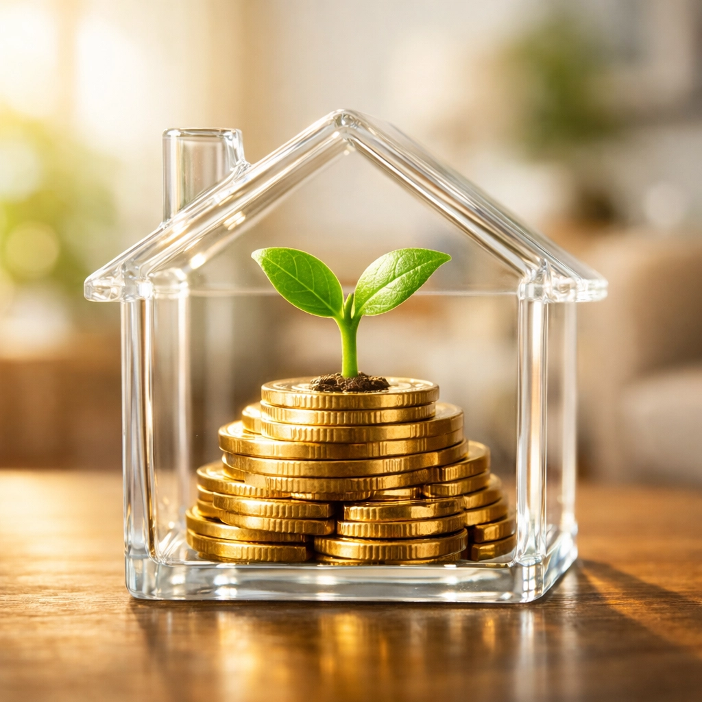 A plant growing from gold coins inside a glass house symbolizing the growth of real estate investment capital.