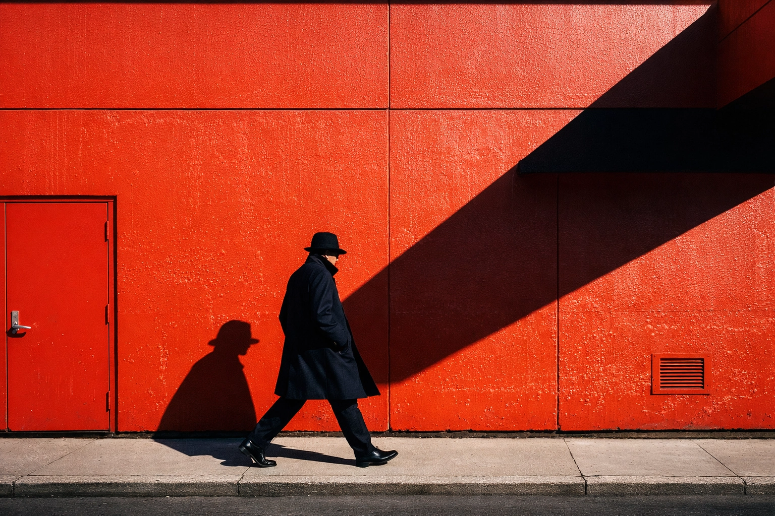 Minimalist street photography ideas featuring a person walking past a vibrant red wall.