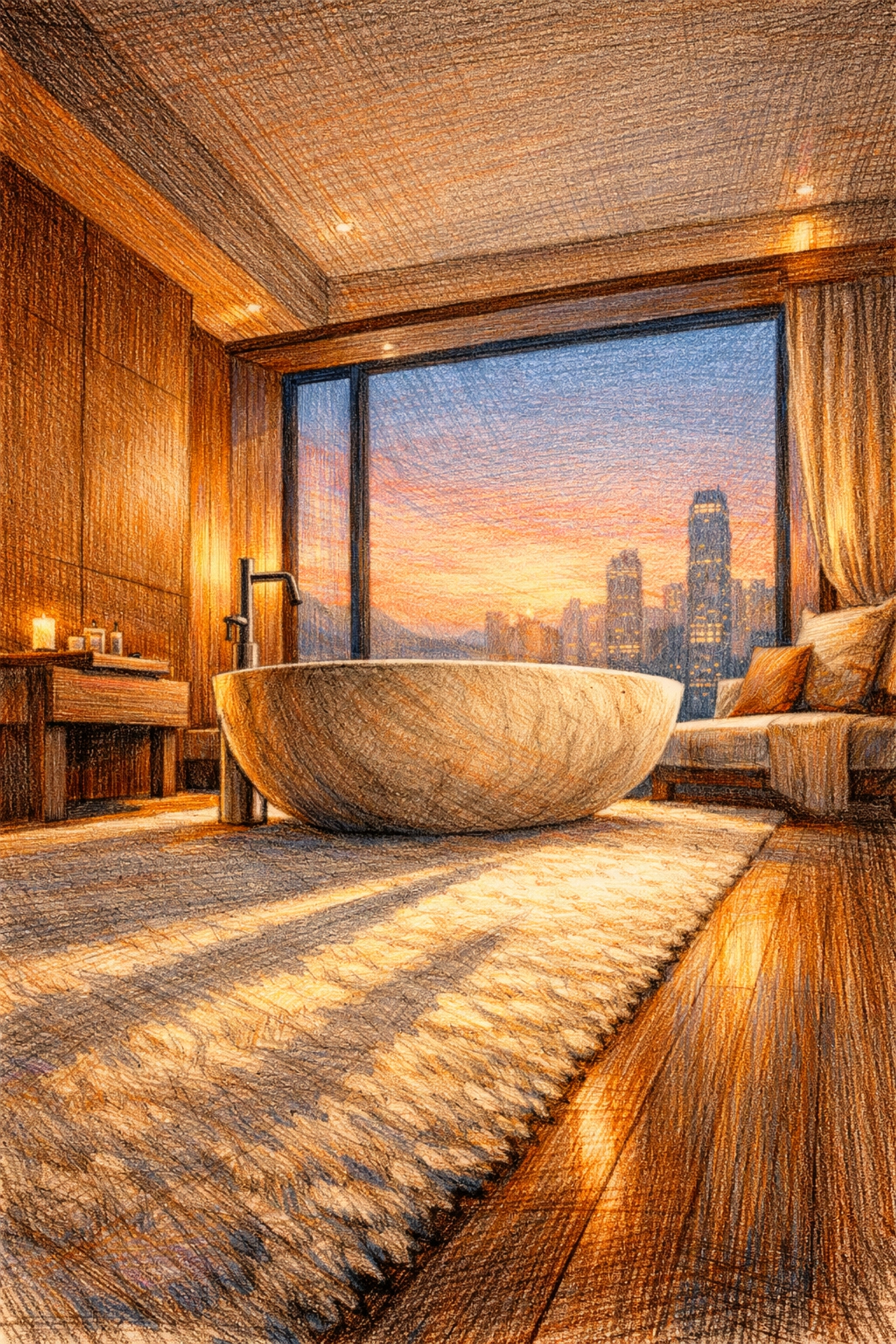 Boutique hotel interior design by André Fu at The Upper House featuring a luxury suite and city view.