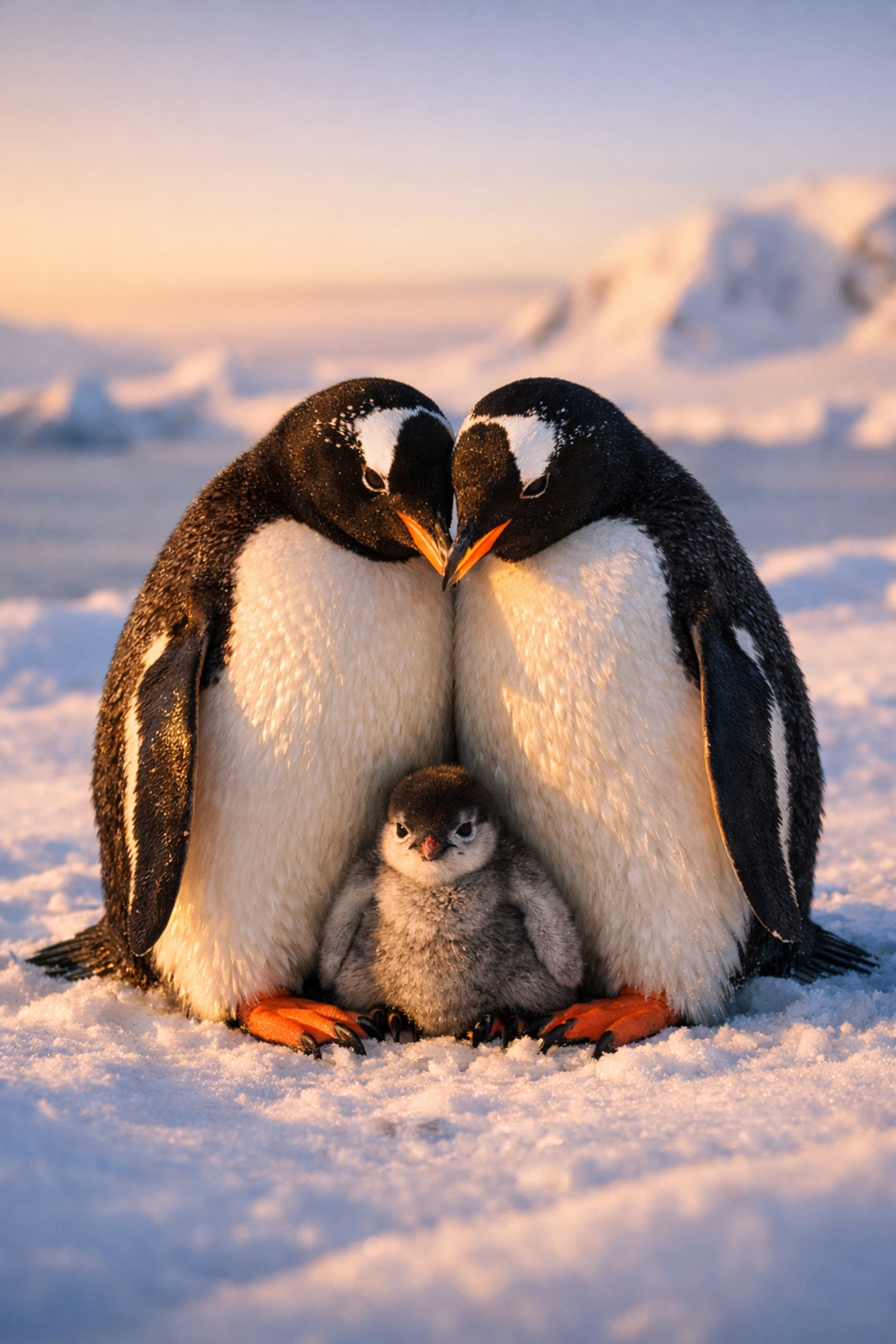 Two male penguins nurturing a chick on ice, a real-life example of found family in MM contemporary novels.