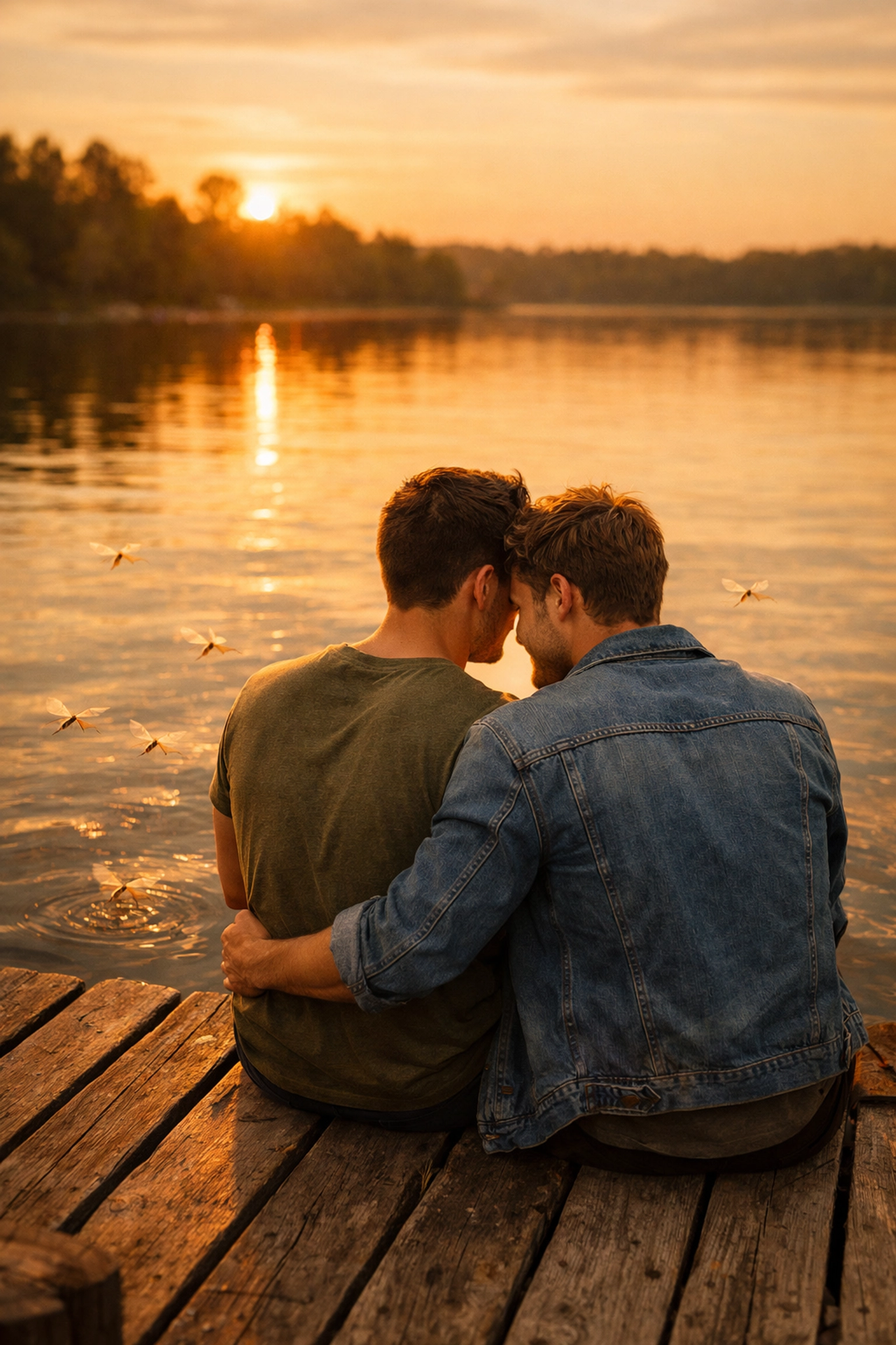 An intimate gay couple sitting on a pier at sunset, reflecting the authentic themes found in MM romance books.