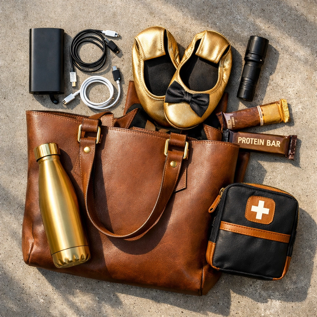 Urban woman's emergency kit contents laid out from work tote including portable charger and first aidThe Urban Survival Kit: Emergency Prepping for the Carless Woman