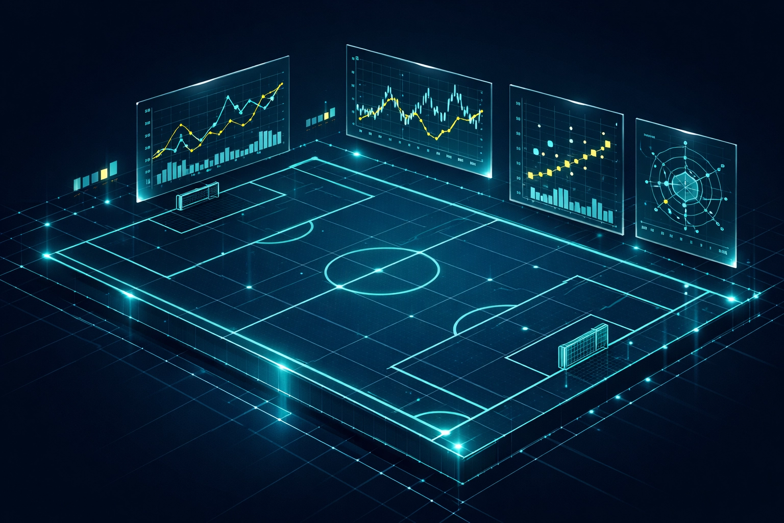 Digital football pitch blueprint showing data for automated football betting systems.