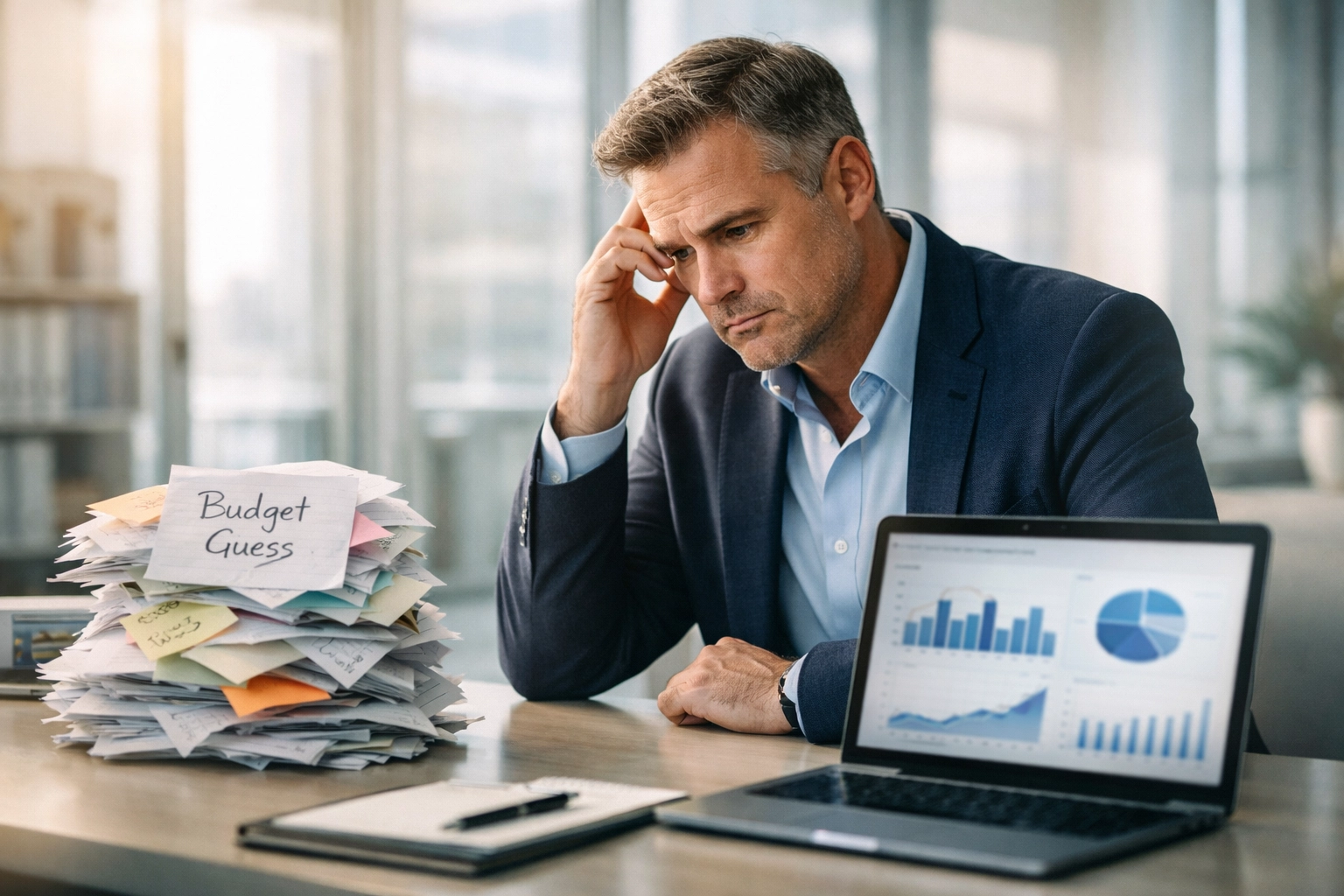 Healthcare manager comparing marketing guesswork on paper to data-driven digital analytics.