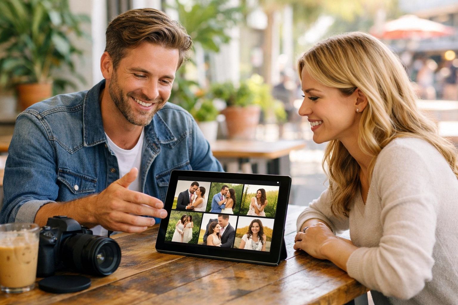 Professional photographer in Los Angeles reviewing a digital portfolio with a client in Venice Beach.