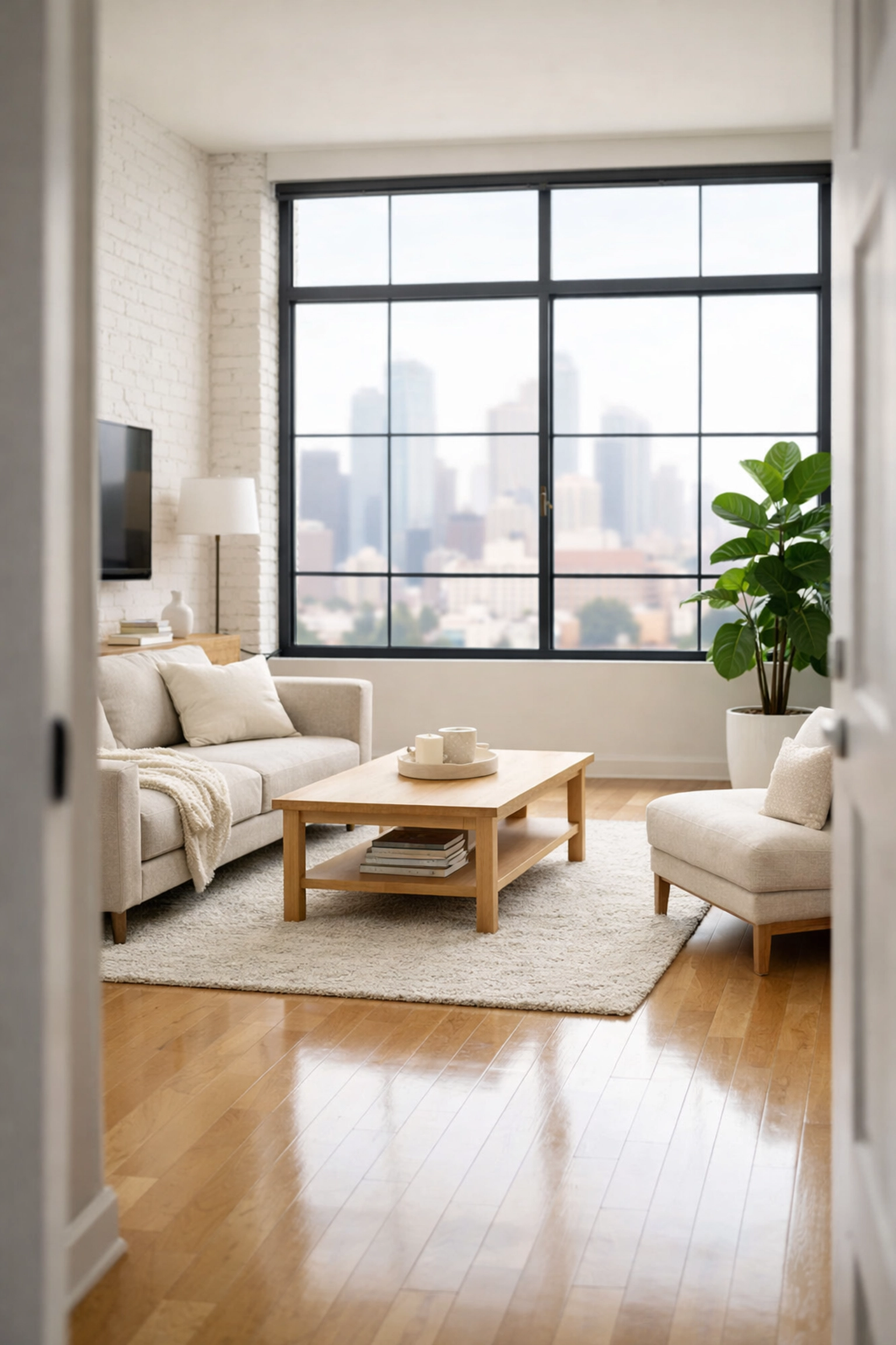 Bright move-in ready urban loft with spotless floors and a city skyline view after a professional deep clean.