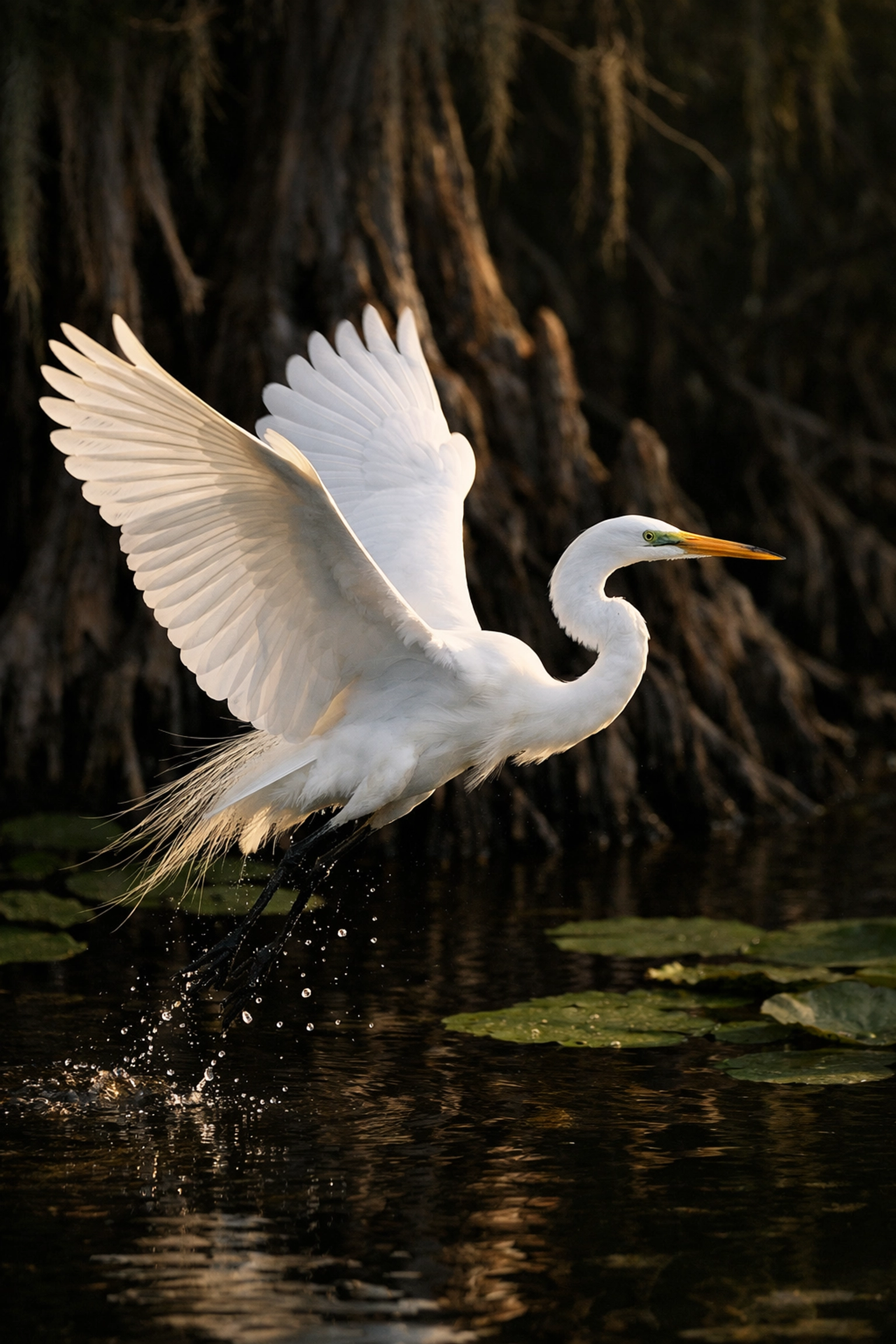 Great Egret in flight over the Florida Everglades, one of the best photography locations for birds.