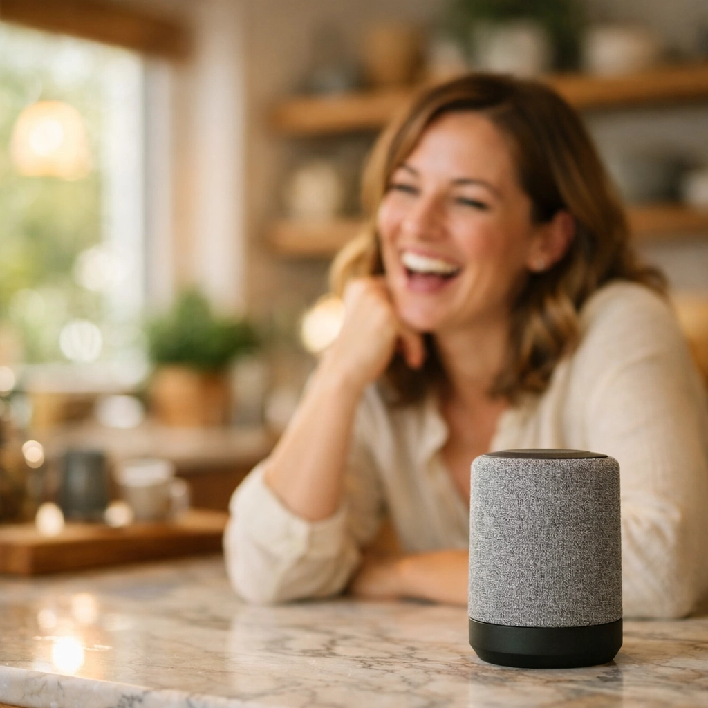 Someone interacting naturally with a smart speaker using voice commands in a kitchen.