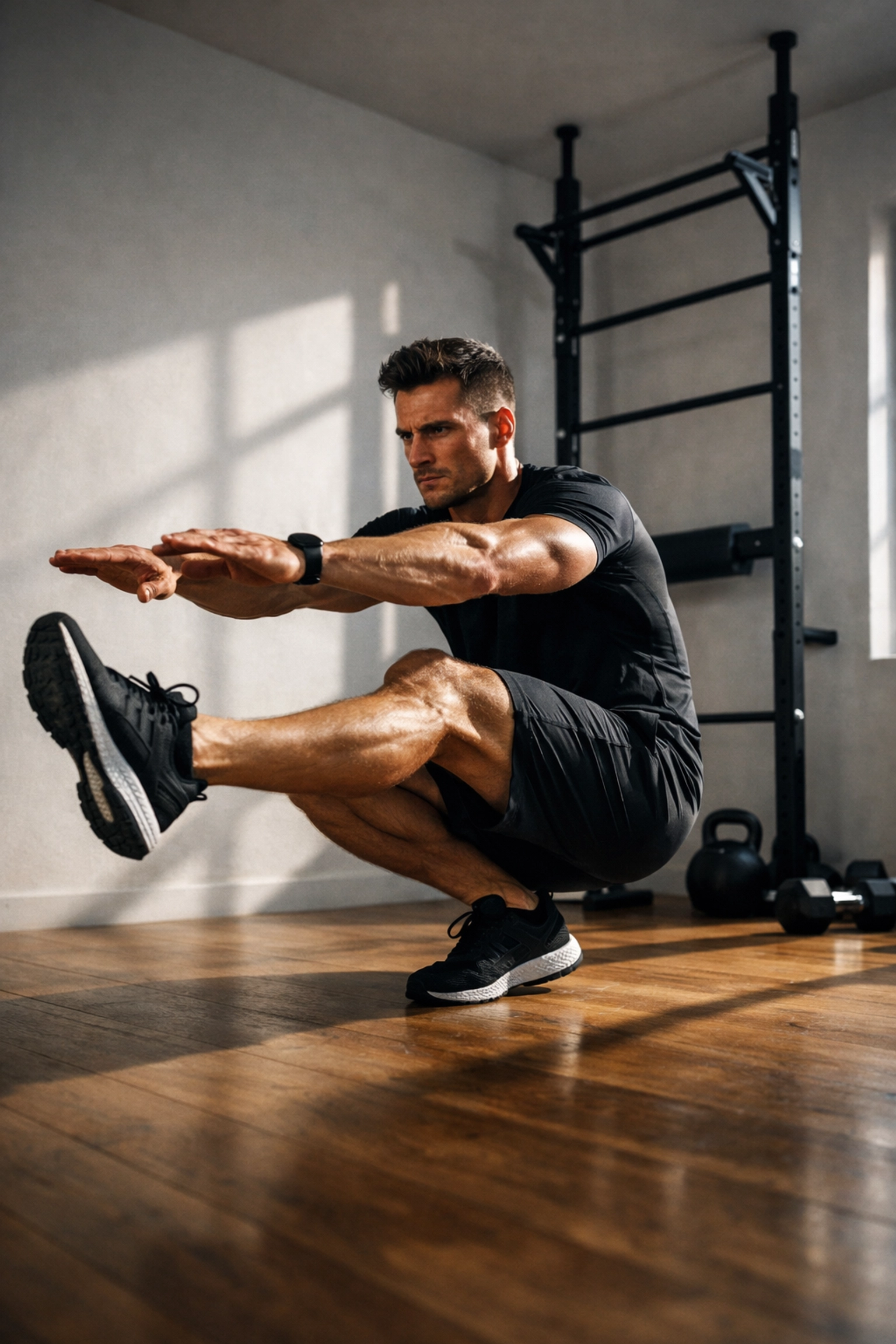Athlete performing pistol squat in minimalist home gym demonstrating bodyweight training at home
