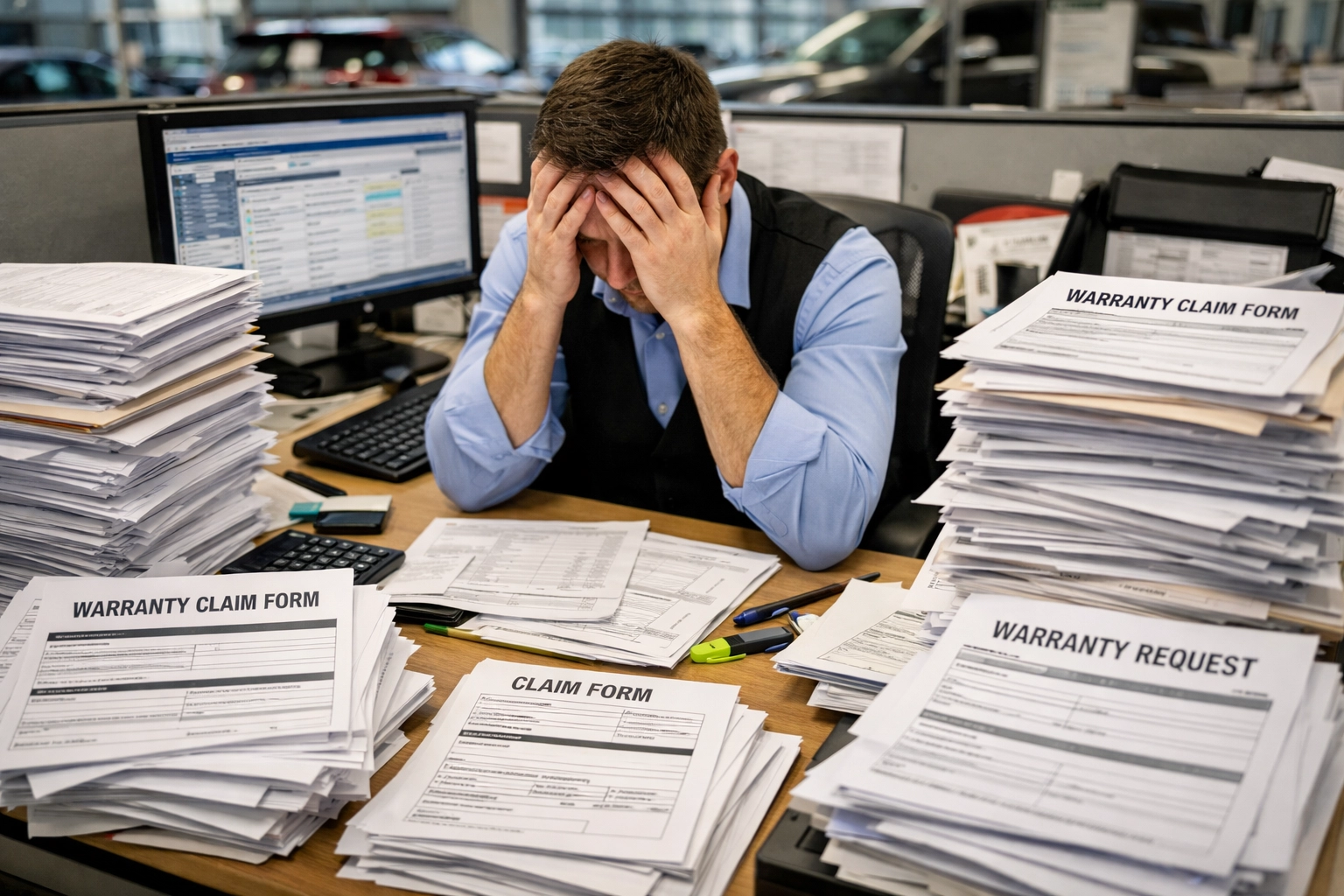 Service advisor overwhelmed by warranty paperwork and claims at dealership desk