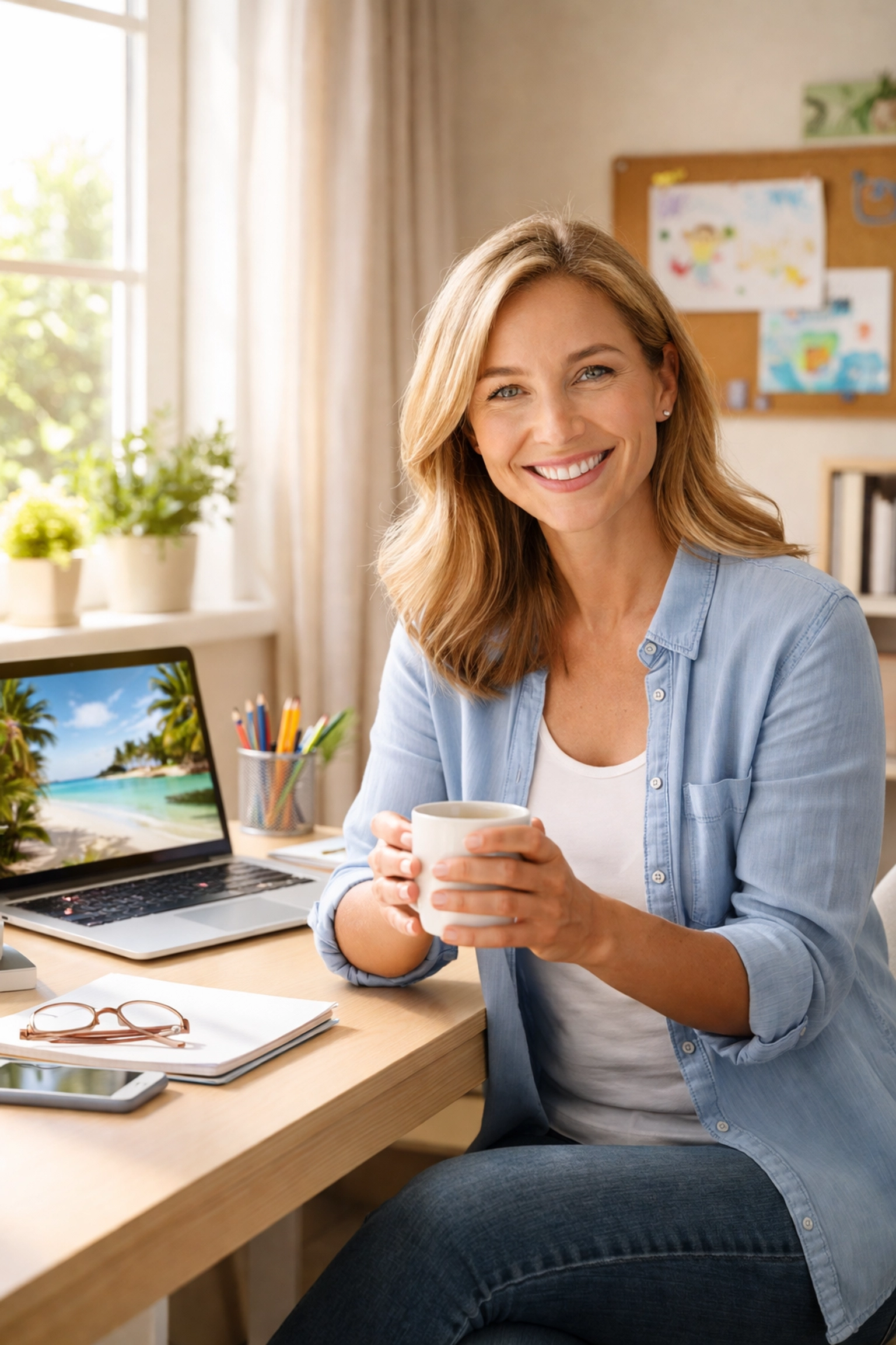 Smiling stay-at-home mom working at a home office desk, planning travel and seeking flexible income opportunities.