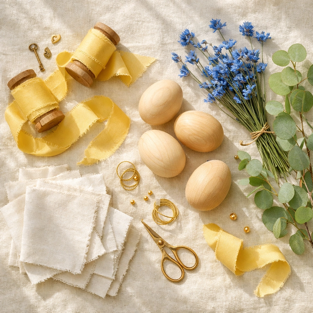 Easter crafting materials in butter yellow, cornflower blue, and pistachio green on linen surface