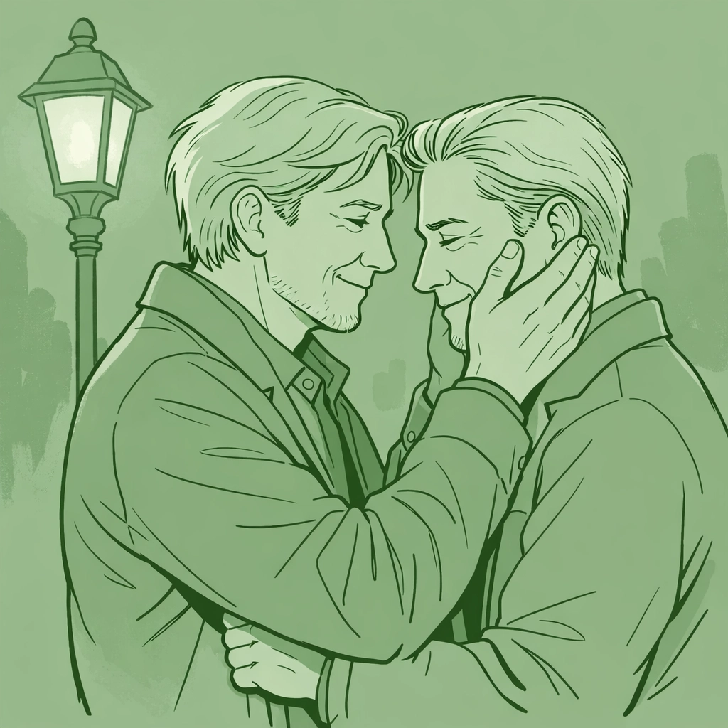 Romantic illustration of mature men embracing, reflecting the courage of coming out later in life.
