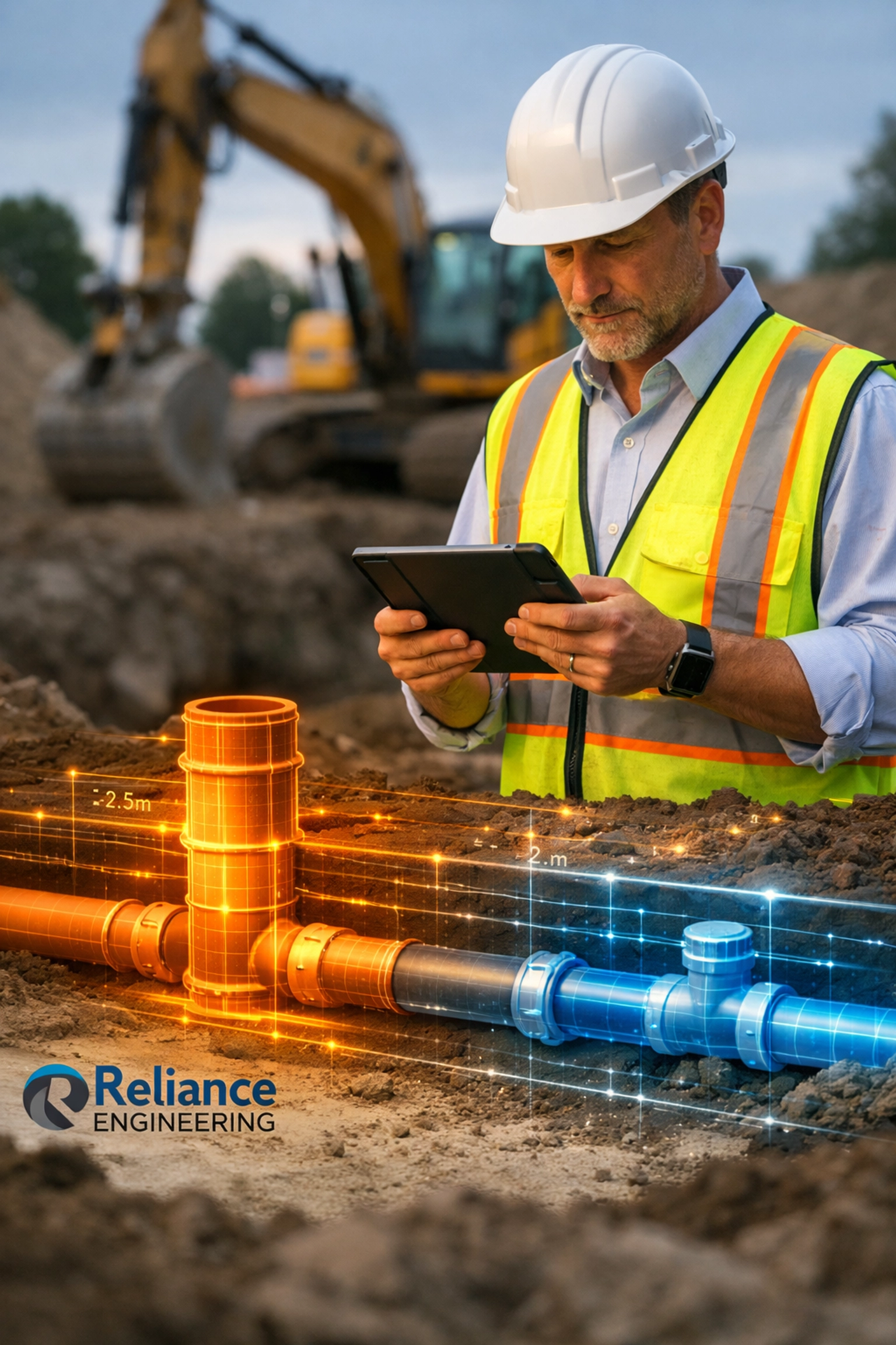 Ontario civil engineer reviewing underground pipe servicing and site infrastructure plans.