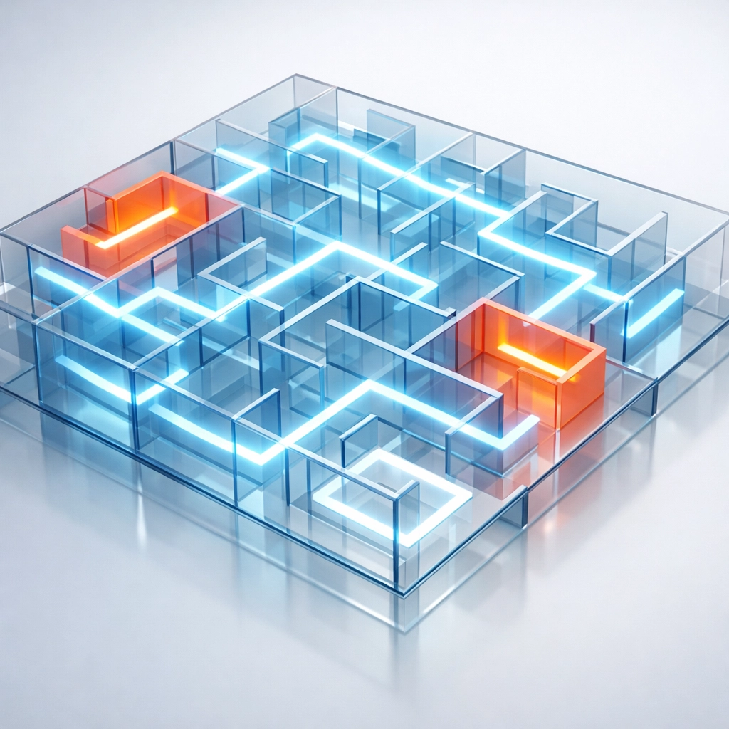 Website architecture maze showing broken links and connected pathways