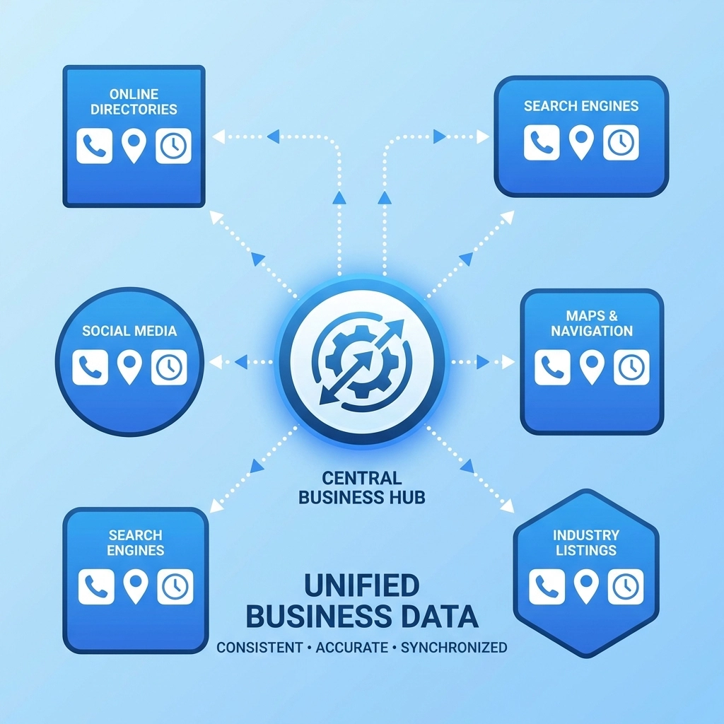 Illustration of connected directory icons showing consistent business information across platforms to boost local SEO rankings
