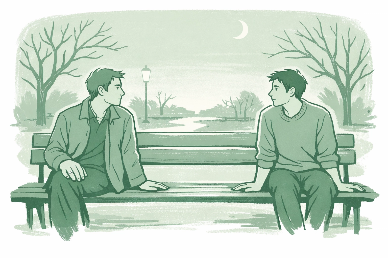 Married man and male lover sit apart on park bench showing tension in bisexual MM romance