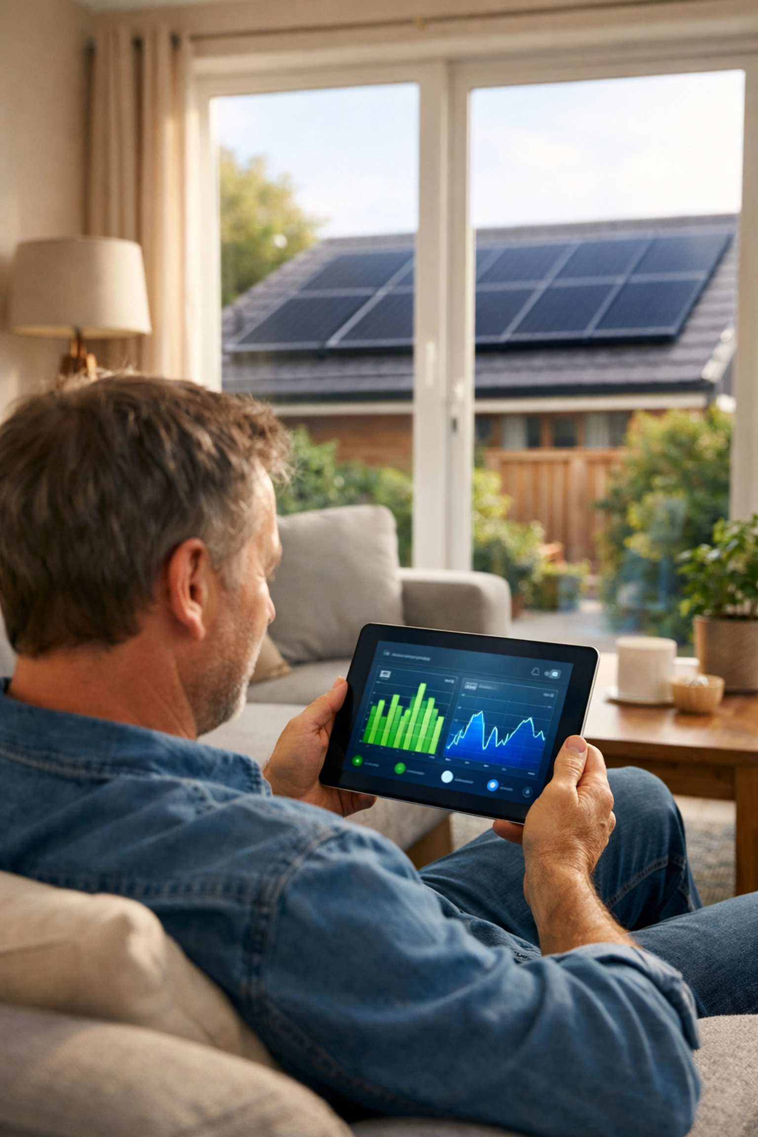UK homeowner monitoring solar panel performance and energy generation on a digital tablet.