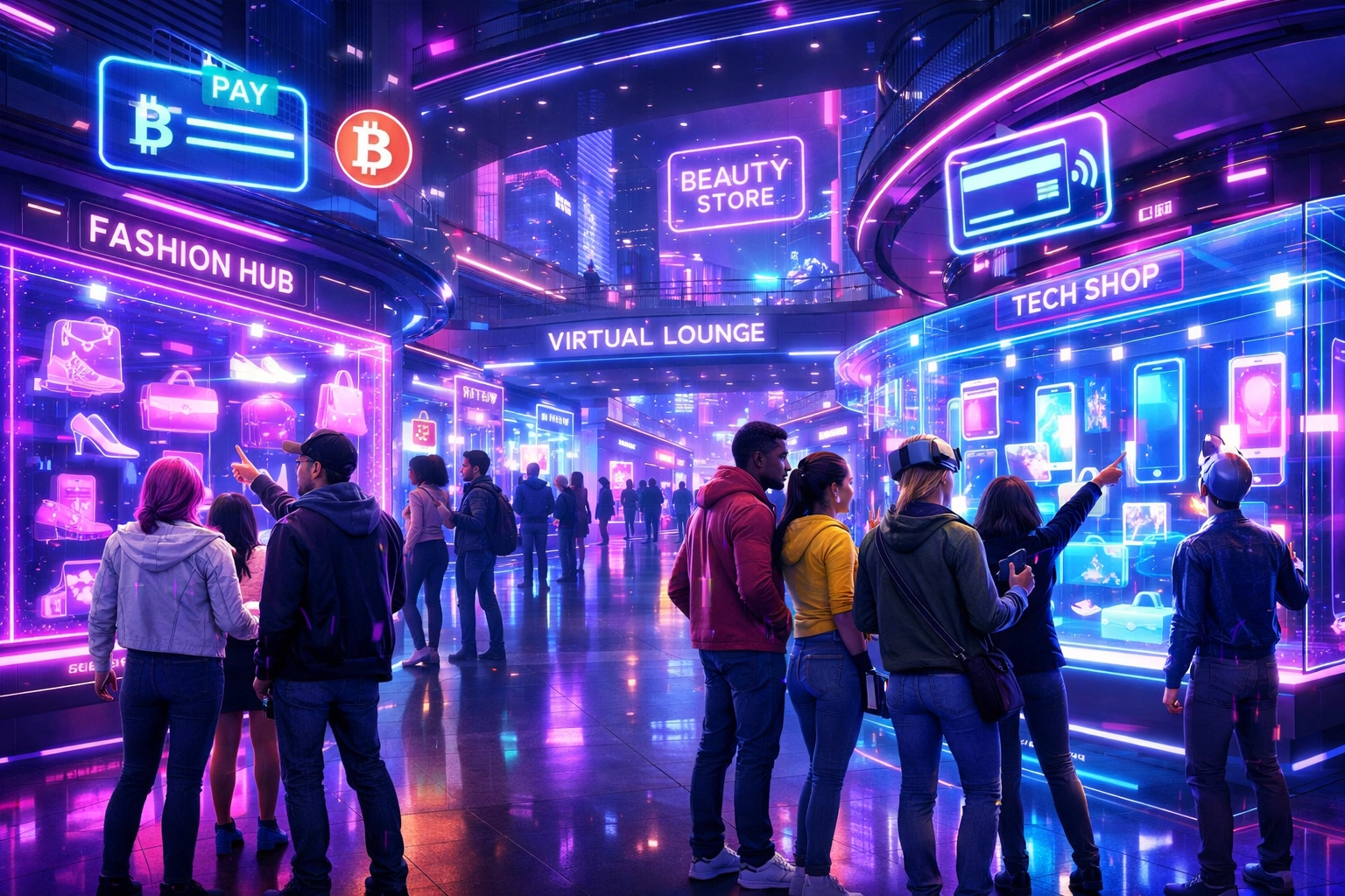 Avatars browsing virtual storefronts together in Larecoin's B2B2C metaverse shopping environment